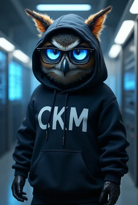 Realistic anthropomorphic owl with a evil blue feline eyes, human hands and legs, full body incredibly shadow magnificent, dressed as a hacker. The owl is wearing a dark sweatshirt, sweatshirt have a hood, the sweatshirt has the letters CKM in capital lett...