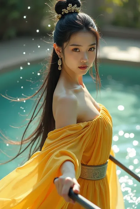 best quality,masterpiece,highres,cg,
1girl,weapon,sword,long hair,dress yellow,water,solo,jewelry,white dress,earrings,hair ornament,splashing,hair bun,black hair,
lighting,candid,Photograph,high resolution,4k,8k, wajah menghadap kamera 