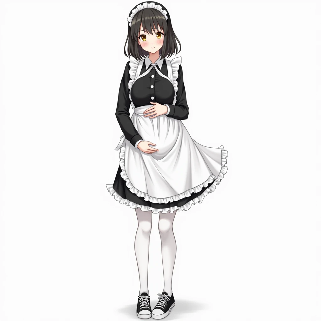 Anime girl,Medium Length Hair, Smile, Yellow Eyes, Big Breasts, Biggest hyperpregnant belly,HyperPregnant big belly,keep your finger on the pulse ,Biggest belly,black hair, Standing sideways,Black and white dress,white tights,black sneakers,white apron,bla...