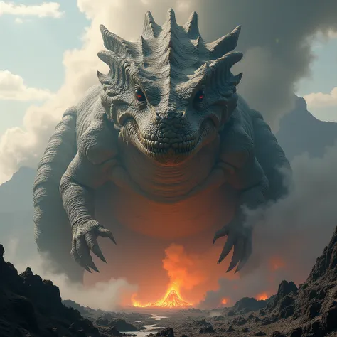 A Huge dragon Dinosaur huge belly and a Human Eye to Eye on a Volcano 