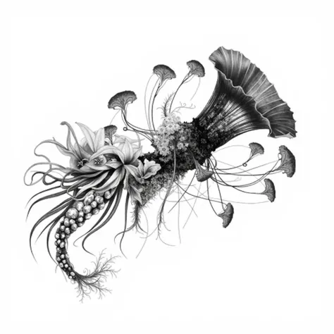 Imagine a surreal fusion of an exquisite, otherworldly  flower and a strange fish, rendered as a detailed black and white illustration on a pristine white background
