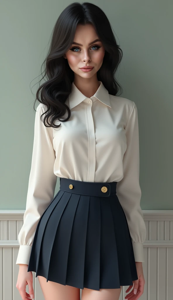 Beautiful woman, very thin body, in school uniform, in skirt, in blouse, dark wavy hair, huge bust 