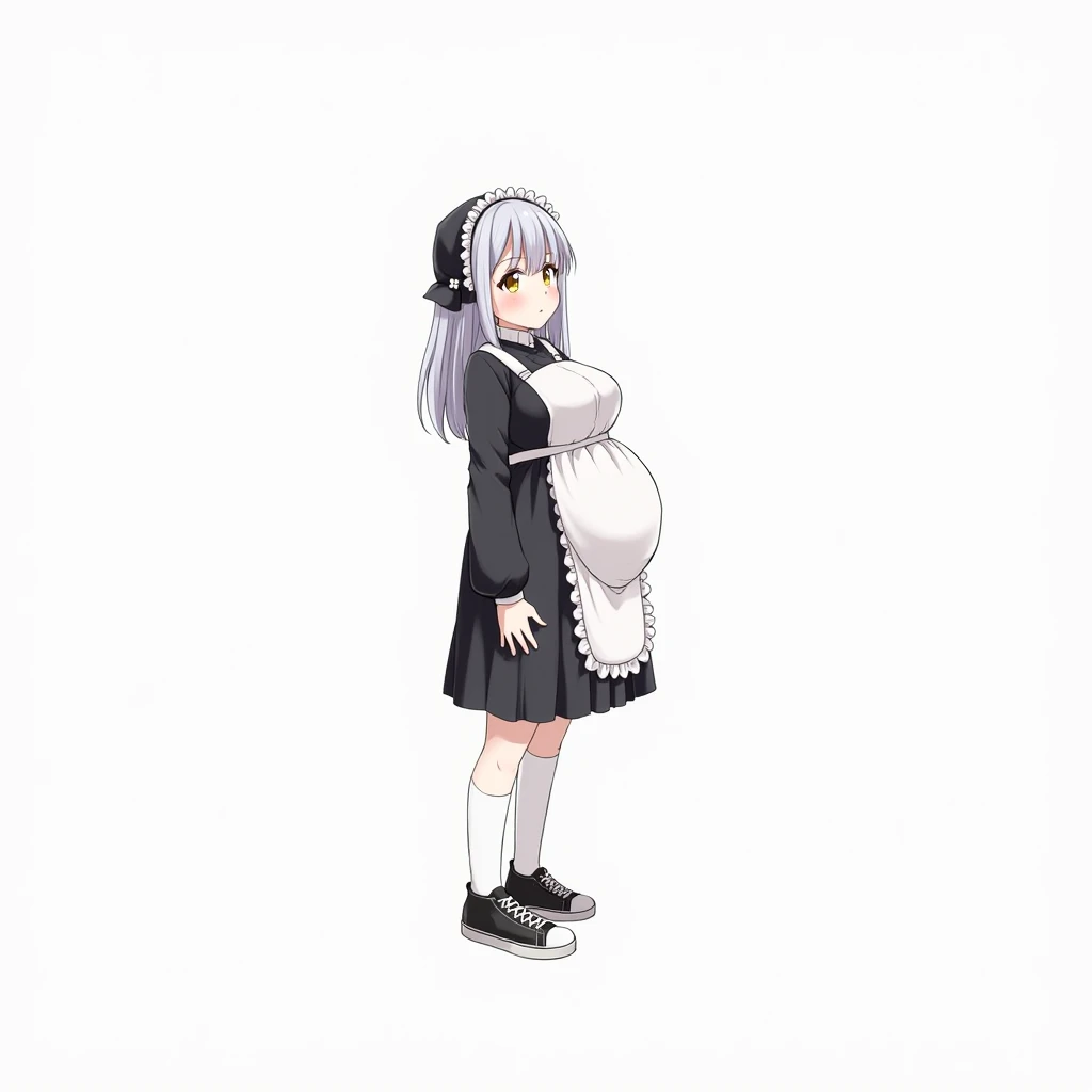 Anime girl,Medium Length Hair, Smile, Yellow Eyes, Big Breasts, Biggest hyperpregnant belly,HyperPregnant big belly,keep your finger on the pulse ,Biggest belly,gray hair, Standing sideways,Black and white dress,white tights,black sneakers,white apron,blac...