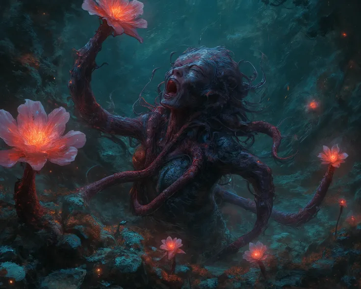 a nightmarish landscape of deep-sea flora and fauna. A humanoid creature with elongated limbs, made entirely of tentacles, is entwined with the stems of giant, bioluminescent flowers. The creatures face is a grotesque fusion of a screaming human and a gapi...