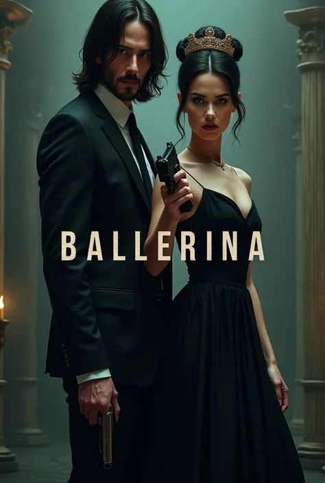 Create a poster of John Wick and Ballerina. This is not an official movie poster.
The poster uses a dark and somewhat mysterious tone, with muted tones and shadows dominating.
Central characters: Two prominent figures:
A woman: A woman named Ana de Armas w...