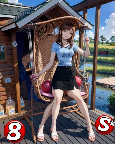 beauty  woman,  posing, weaver swing, wooden house, river beside house, red ball nearby, (+long hair, swept-side bang, black hair, brown streaked hair, brown ombre, 2 colored hair), wears light-blue half sleeve t-shirt, dark-blue denim pencil mini skirt , ...