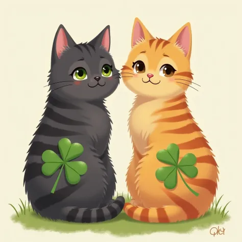 Realistic and cute２Cats of the same size 、 dark gray cat on the left 、No stripes on the body 、 green around black eyes 。 orange stripes on the right cat 、 yellow around black eyes 。２ large four-leaf clover on the back of each cat