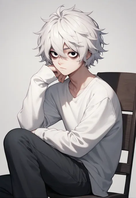 nate, 1girl, solo, flat chest, looking at viewer, shirt, long sleeves, sitting, white shirt, white hair, male focus, pants, chair, bags under eyes