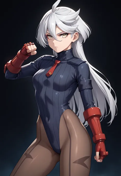 score_9, score_8_up, score_7_up, score_6_up, source_anime, 1 girl, miorine rembran, ahoge, grey eyes, detailed eyes,grey hair, hair between eyes, long hair, swept bangs, dark dollsuit, pantyhose,(seamed legwear), front view,cowboy shot, looking at viewer, ...