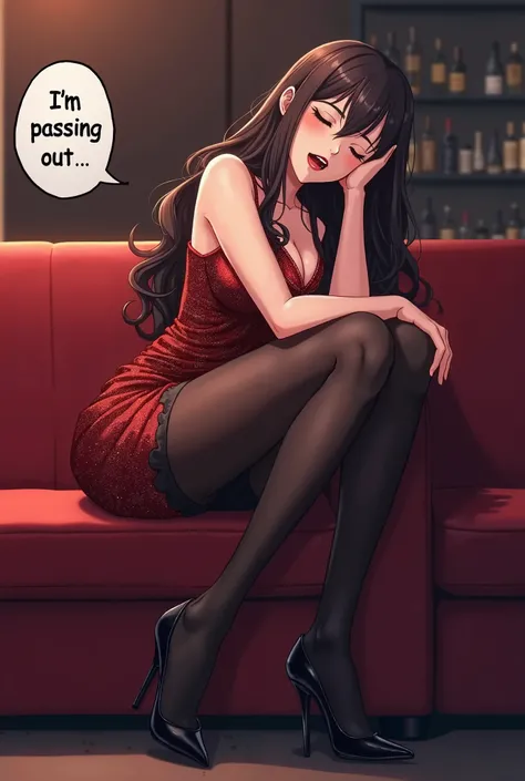 An anime-style illustration of a 35-year-old mature tall female older sister-type character with long dark brown hair, wearing opaque black tights, a short, sparkly red party dress, and black high-heeled pumps.  The character has lipstick and is seated on ...