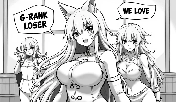 Style and Type: Black and white manga-style illustration. Layout: Three female characters are prominently featured in a dynamic composition. Subject: The central character has long, flowing hair, cat ears, she has big breasts and a confident smile, wearing...