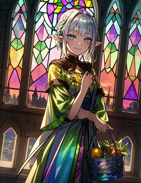 The background is a sunset sunset 、 medieval cityscape with basket、Inside the kaleidoscope、 stained glass background、Green clothing、Rinwell style braided silver short hair( Holographic :1.2),  pointed ears、Elf、 blue eyes、 Rough Outfit 、 long lashes,smile、M...