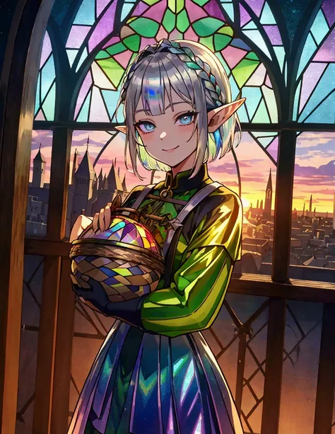 The background is a sunset sunset 、 medieval cityscape with basket、Inside the kaleidoscope、 stained glass background、Green clothing、Rinwell style braided silver short hair( Holographic :1.2),  pointed ears、Elf、 blue eyes、 Rough Outfit 、 long lashes,smile、M...