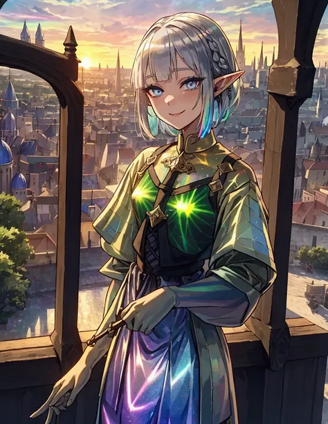 The background is a sunset sunset 、 medieval cityscape with basket、Inside the kaleidoscope、Green clothing、Rinwell style braided silver short hair( Holographic :1.2),  pointed ears、Elf、 blue eyes、 Rough Outfit 、 long lashes,smile、Mr.々Expression,