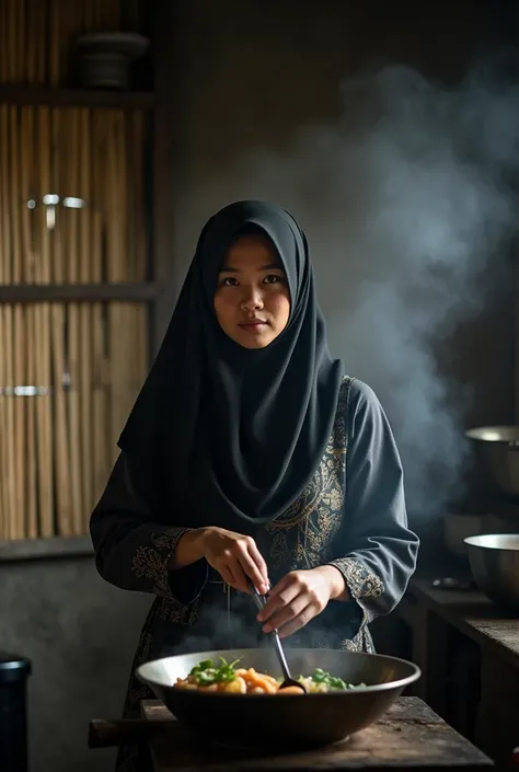 a beautiful indonesian girl (wearing traditional indonesian kebaya and black hijab), front view, slightly sweaty face,  cooking in a very traditional kitchen with a wood burning stove, smoke everywhere, very dirty dusty bamboo woven walls. lines of sunligh...