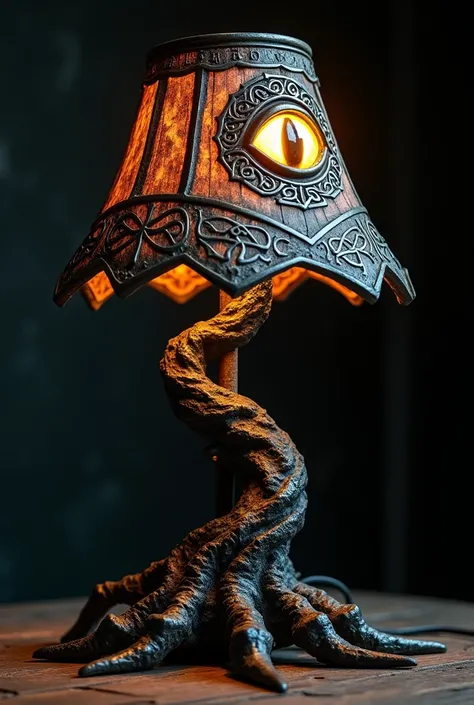 Generate a table lamp with Celtic symbols for me,  that its body is like a tree but its base is like a claw,  besides that its luminous head looks like an eye . The lamp must be scary  