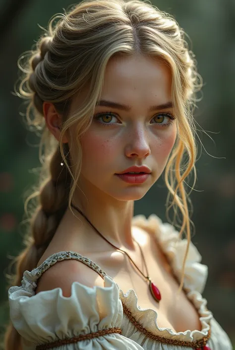 Beautiful girl with her hair tied up and blond, brown eyes, red and voluminous lips without tendrils looking straight ahead and her style is medieval and subrealistic
