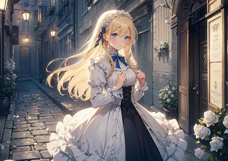 A beautiful young woman with soft blonde hair and white roses adorning it, her blue eyes reflecting the mystery of Victorian London. She stands at the edge of a dimly lit alley, where shadows stretch across the cobblestones, setting the stage for a curious...