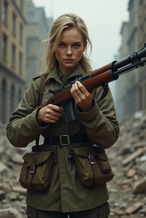 Female soldier in World War II blonde Soviet sniper in Stalingrad