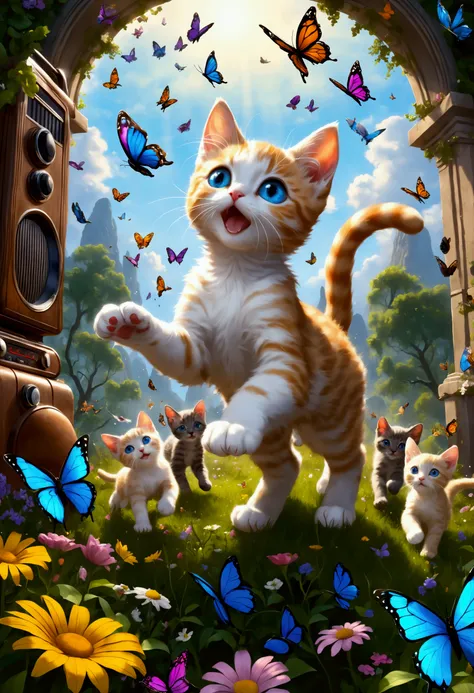  Photorealistic， ultra-detailed graphics ， top quality,8k，Kittens chase butterflies, excitement , fantasy masterpiece,((radio)),