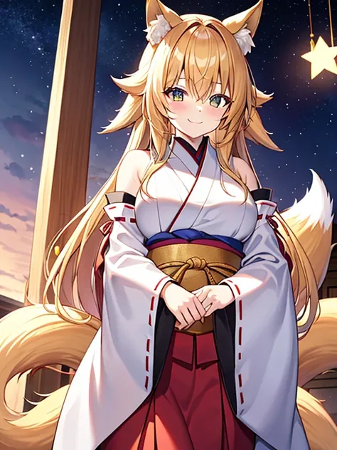  fox girl,  furry , Golden fur,  golden face fur ,  long blond hair ,  reddish orange gradient eyes,  very cute face , There are brown elements on the fur ,Shrine maiden,big胸, Beautiful Light and Shadow ,  ambient light , Extra fine fur ,  Volume Light ,  ...