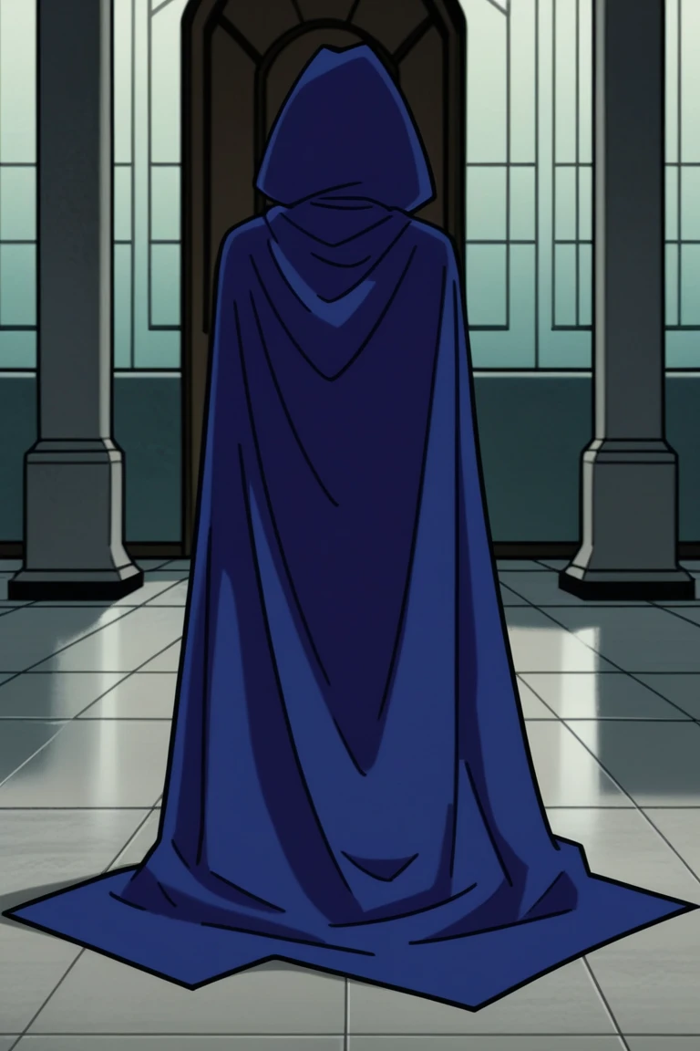 1girl, solo, raven (dc), purple eyes,  purple hair, grey skin, forehead jewel, blue cape covering whole body, long blue cape, long cape, cape touch the ground, hood covered head, indoors, halfway, from floor, from behind, High Resolution, Best Quality, Mas...