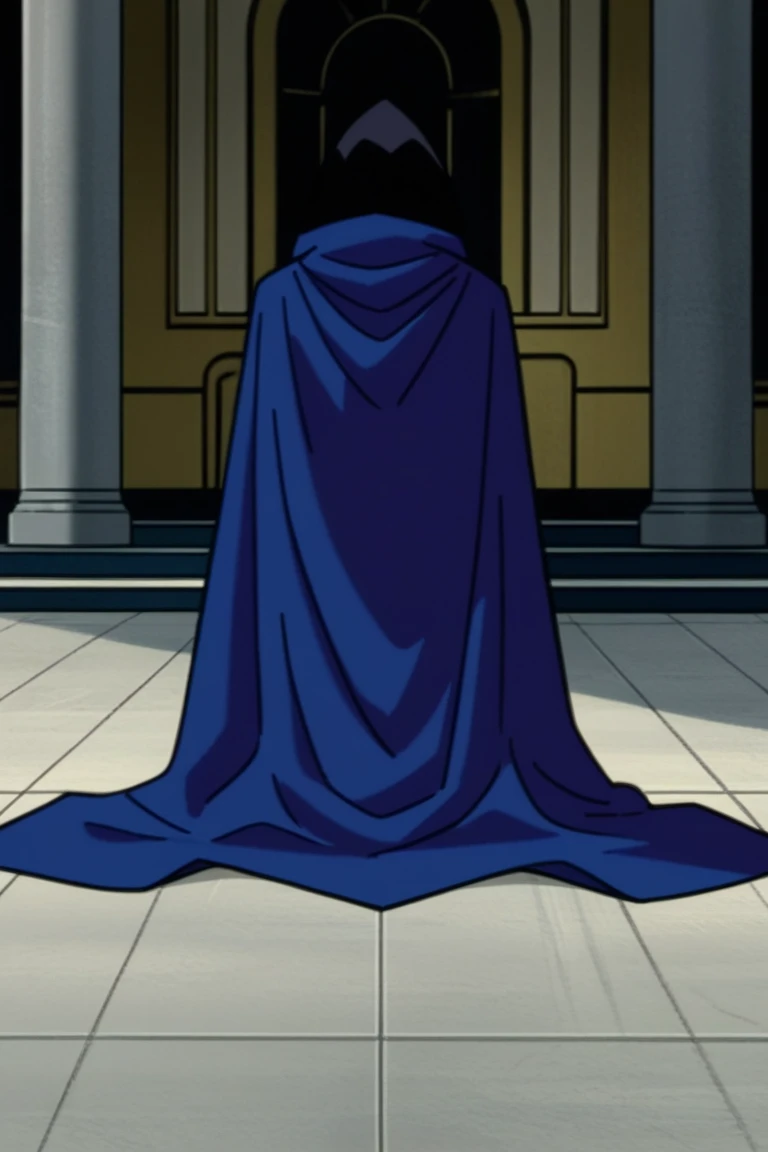 1girl, solo, raven (dc), purple eyes,  purple hair, grey skin, forehead jewel, blue cape covering whole body, long blue cape, long cape, cape touch the ground, hood covered head, indoors, halfway, from floor, from behind, High Resolution, Best Quality, Mas...