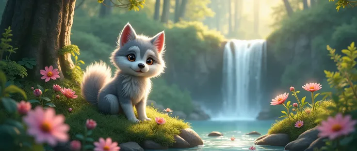 In an enchanted forest, beautiful light, a cute little grey wolf is surrounded by flowers and trees, near a little waterfall 