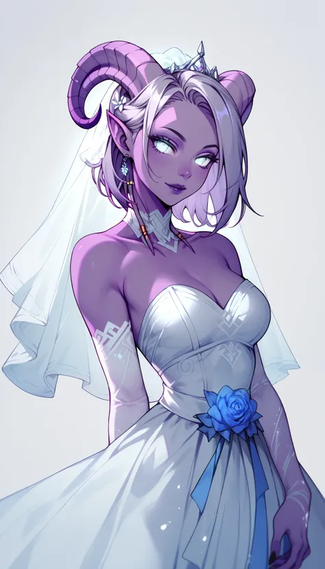 score_9, score_8_up, score_7_up, 1girl, solo, bob hair, glowing grey eyes, curved ram horns, sharp ears, purple skin, Draenei, stark grey background, limited violet palette, monochromatic, eerie atmosphere, light wedding dress, seductive,