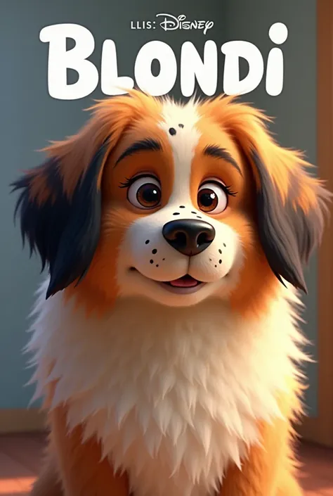  Disney Pixar poster with the title Blondi is a big dog,  her fur is very furry brown ,  black and white ,  her eyes are black ,  has a black spot on her left and right eye , your nose is black , You have a lot of small black spots around your nose, The ea...