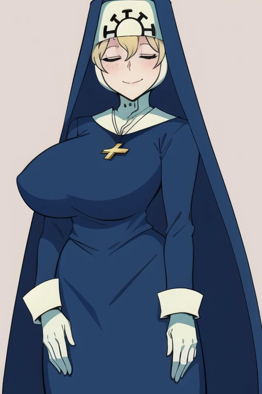 Double, short blonde hair, nun uniform, medium breasts, solo, 1girl, smiling, cowboy shot, closed eyes, 
 blue habit, cross necklace ,white gloves, long sleeves, nun, long skirt, skirt touch the ground,
(insanely detailed, beautiful detailed face,beautiful...