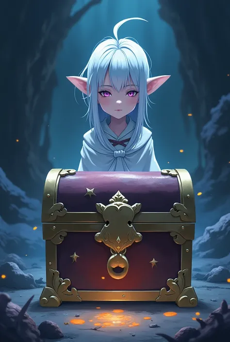 An anime art image of: (1) the primary subject in the foreground is a closed, locked treasure chest and (2) the secondary subject, in the background, is Frieren who is a short, diminutive elf with white hair, wearing white mage robes and staring emotionles...