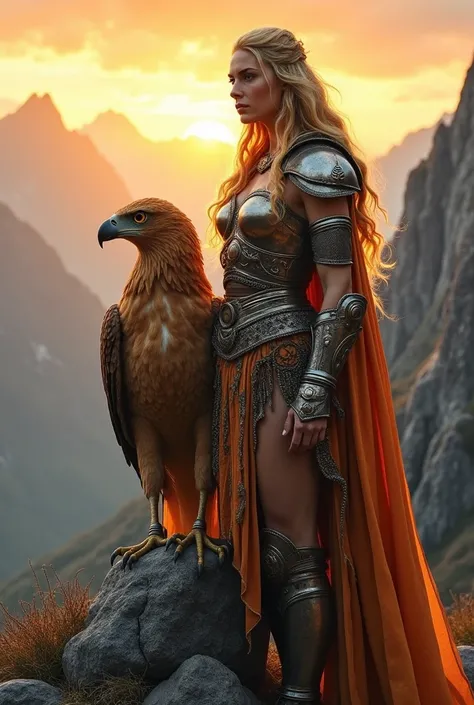 A valiant female warrior clad in bronze and silver armor, standing on a mountain peak with a giant eagle perched beside her. The eagles feathers are golden and shimmer in the sunlight, with sharp, intelligent eyes. The background shows a sweeping view of r...