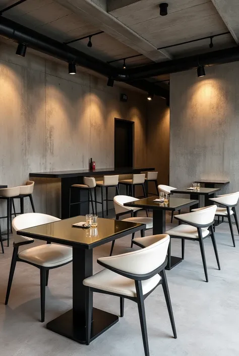 Interior design of a cafe with 3 double tables and three single tables in modern and minimalist and industrial style using mirror and glass with curved tables with steel bases and table top made of mirror and chairs Modern and industrial black steel and th...