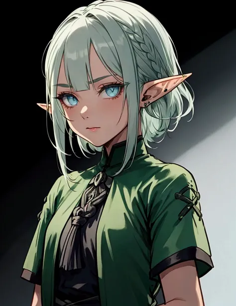 Black background with spotlight 、Green clothing、 short silver hair braided in Rinwell style、 pointed ears、Elf、 blue eyes、 Rough Outfit 、 long lashes