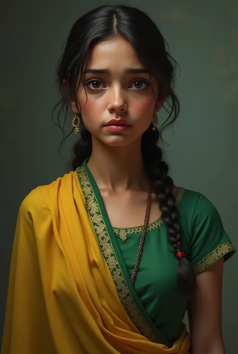 A 25year-old Indian young lady  with a medium skin complexion,looking front  her hair gently tied up, wearing a green salawar sute, standing with a yellow shawl draped over her shoulders. Her expression seems to convey deep sadness.

