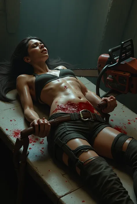 Lara croft, tied down to a table. Her exposed belly is cut in half with a chainsaw