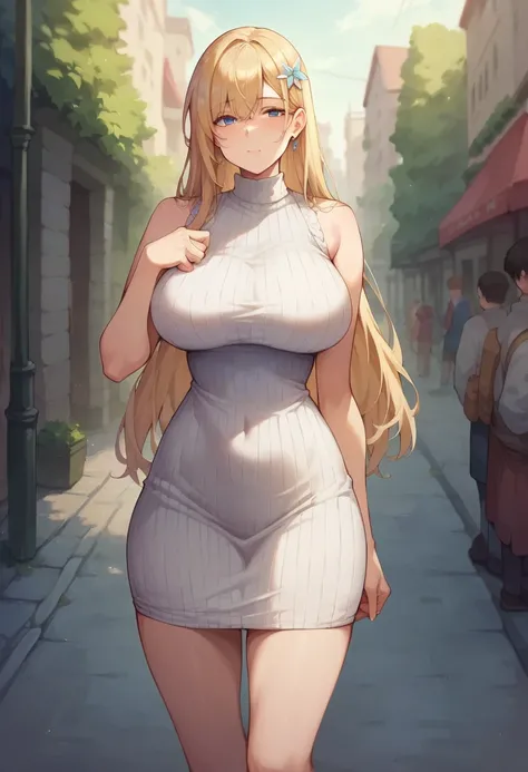   masterpiece on penis ,  top quality,  high definition ,  long hair, Head ornament,  Big Breasts ,  sweater dress,  sleeveless, Outdoor,   knight , street,