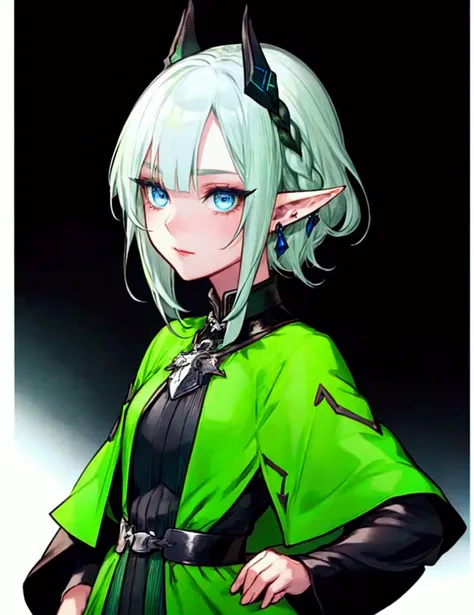 Black background with spotlight 、Green clothing、 short silver hair braided in Rinwell style、 pointed ears、Elf、 blue eyes、 Rough Outfit 、 long lashes