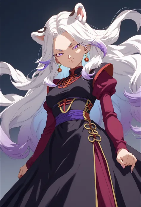 ((masterpiece)), 1girl, solo, long hair, white hair, multicolored hair, white tiger ears, white tiger tail, open eyes, purple eyes, half-lidded eyes, purple dress, black dress, multicolored dress, sadistic smirk, looking at viewer, sexy pose, standing, med...