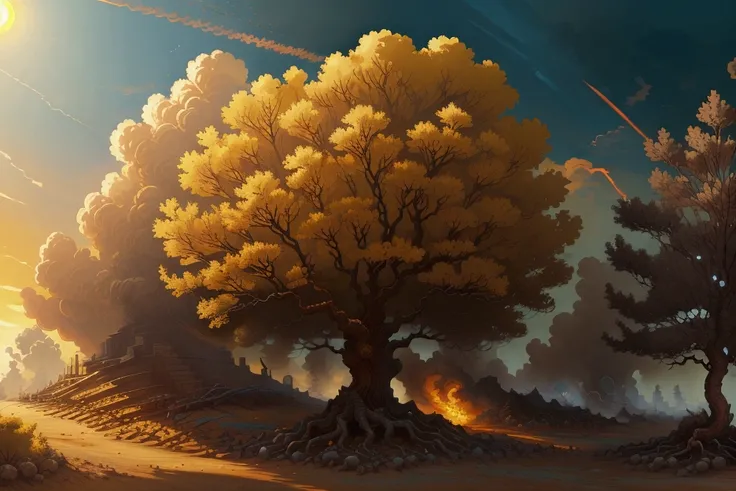 Generate a background image of an anime scene, where the scorching noon sun roars the earth, causing the sky to change color from blue to yellow. In the distance, there is a clamor of gunfire, and from time to time, you can see flames and thick smoke wrapp...