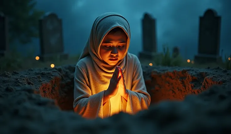 A spiritual depiction of a mud grave with a glowing figure of a young muslim woman inside. Her expression shows remorse and fear as her hands are clasped in regret. The grave interior appears illuminated with a soft, eerie light, symbolizing judgment. Arou...