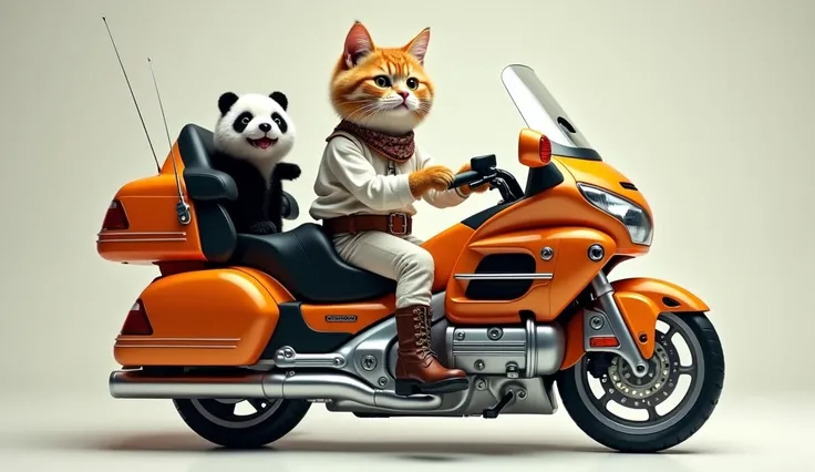 A cat who is wearing a white color shirt tights and pants jeans and has boots on his feet and he sits on a Gold Wing model bike has six behind him and a motorcycle with a panda sitting on top He is wearing a boot