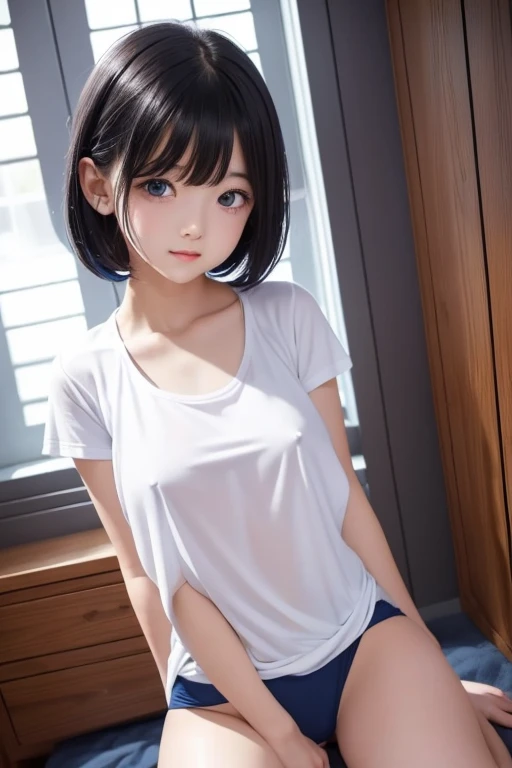 (  Short sleeve white t-shirt  )), (( The dark blue bloomer )),   very detailed clarity, ( beautiful girl,   delicate girl:1.3), (************:1.3), (   Can See Symmetrical Eyes on Women  :1.3)( play)), (( 勃起Nipples )), [[Nipplesのある女の子,  Japanese  , With b...