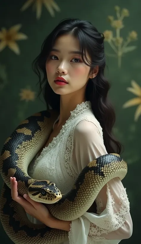 hyperrealism atmospheric lighting young woman holding a massive snake wearing a lace Kebaya bali dress and lipstick, in the style of subtle surrealism, large-scale photography, petcore, fawncore, uniformly staged images, realistic portrayals