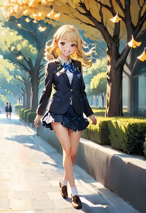  cute high school girl、 blazer、 short skirt 、 cute smile、 full body image 、ginkgo、Tree-lined street、 waves、Shoes are loafers、Dynamic movement 、A smile as she turns around、