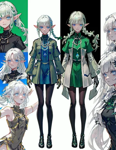 Black background with spotlight 、Green clothing、 short silver hair braided in Rinwell style、 pointed ears、Elf、 blue eyes、 Rough Outfit 、 long lashes