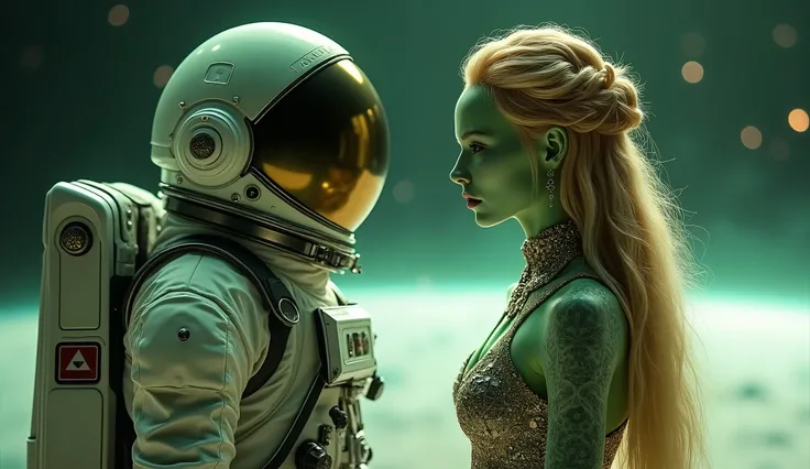 Create an HD image in which there is an Alien woman of pale green color wearing beautiful dress having golden long beautiful hairs with hairstyle stands with an Astronaut in space