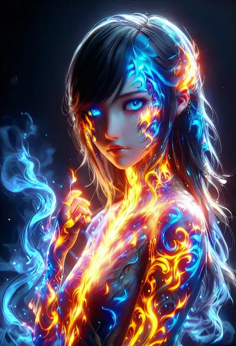 A [Girl] with [fire] skin isolated on black background [4k full ultra]