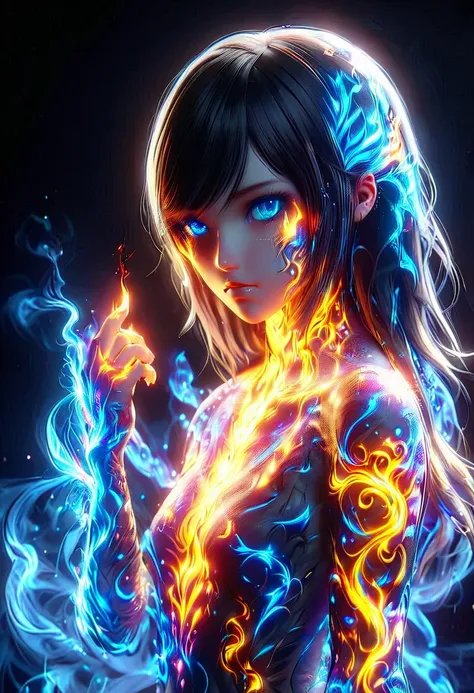 A [Girl] with [fire] skin isolated on black background [4k full ultra]